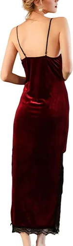 Vista 5 de Women Longer Velvet Lace Nightgowns Deep V Chemise Sexy Lingerie Nightdress Split Hem Sleeveless Cami Sleepwear