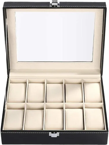 Vista 2 de GUKA Caja de reloj con 10 ranuras organizador de cristal real con cuero sintético para hombres y mujeres