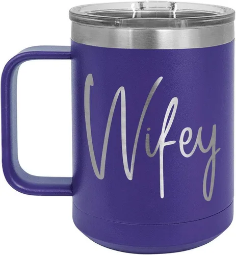 Vista 8 de WIFEY B Negro 15 oz taza de café w/tapa superior deslizante Taza de café de viaje aislado Ideas de regalo de cumpleaños o Navidad de mujeres
