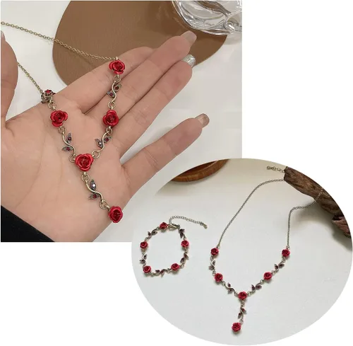 Vista 5 de Juego de 3 piezas de joyería de color rojo rosa, collares de flores, aretes colgantes, pulsera, joyería de graduación de oro rosa para mujer, boda