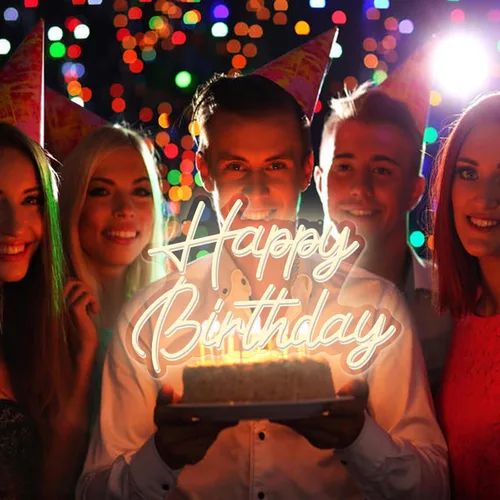 Vista 2 de Happy Birthday Neon Sign Reusable Warm White LED Neon Night Light Birthday Party Decorations USB Operated Decorative for Backdrop Party Bedroom Wall