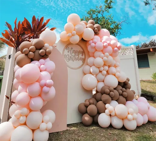 Vista 3 de Kit de guirnalda de arco de globos de color rosa claro, doble relleno, mate, rosa, marrón, crema, melocotón, globos de látex de diferentes tamaños