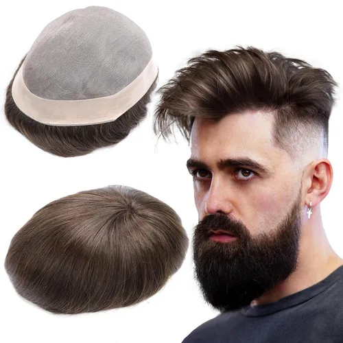 Vista 17 de Toupee - Sistema de reemplazo de cabello para hombres, cabello humano real, 5 x 7 pulgadas, base de encaje mono, extensión duradera para hombre