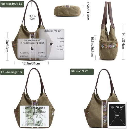 Vista 5 de Worldlyda Women Canvas Hobo Purse Multi Pocket Tote Shopper Shoulder Bag Casual Top Handle handbag with Embroidery Ethnic