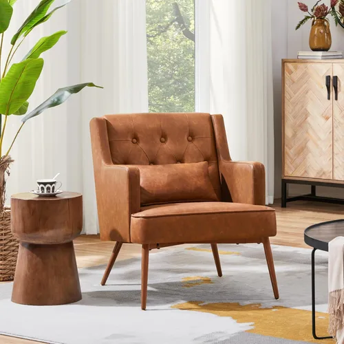 Vista 5 de Yaheetech Silla decorativa, silla de sala de estilo Mid Century con cojín lumbar de piel sintética PU, cómoda silla tapizada para leer con patas