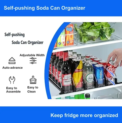 Vista 2 de Organizador de bebidas negro de 6 filas para refrigerador, 3ª generación, organizador de refrigerador y almacenamiento, deslizador automático