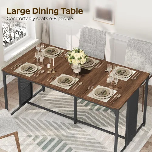 Vista 3 de YATINEY Mesa de comedor para 6-8, mesa de cocina grande de 63 pulgadas, mesa de comedor industrial, mesa rectangular de madera con pies ajustables