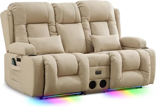 Vista 3 de TUNYI Wall Hugger - Sofá reclinable con consola, sofá biplaza reclinable eléctrico para autocaravana con masaje y Beige