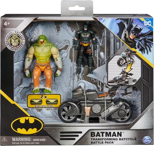 Vista 2 de DC Comics, Batman - Paquete de batalla transformable de Batcycle con figura de acción exclusiva de cocodrilo asesino de 4 pulgadas y Batman