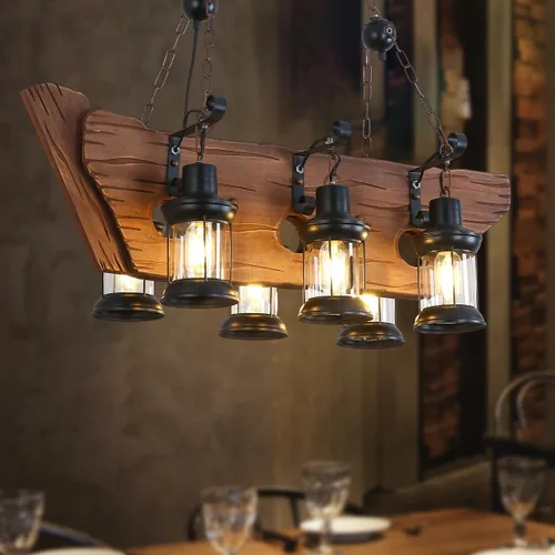 Vista 5 de iMeshbean Candelabro rústico de granja para comedor, cocina, isla, luces colgantes de madera industrial, lámpara de techo para sala de juegos, bar