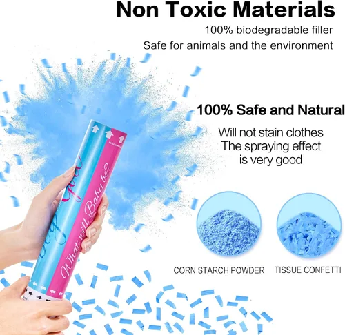 Vista 2 de Cañones de Confeti Azul o Rosa de 12 Pulgadas, Confeti en Polvo para Revelación de Género de Niño o Niña, Juego de 4 Cañones de Humo, Decoraciones
