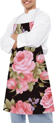 Vista 4 de Personalized Pink Rose Adult Apron, Kitchen Cooking Aprons for Woman Man, Adjustable Bib Apron with Pocket for Baking, BBQ Crafting Outdoors, Dining