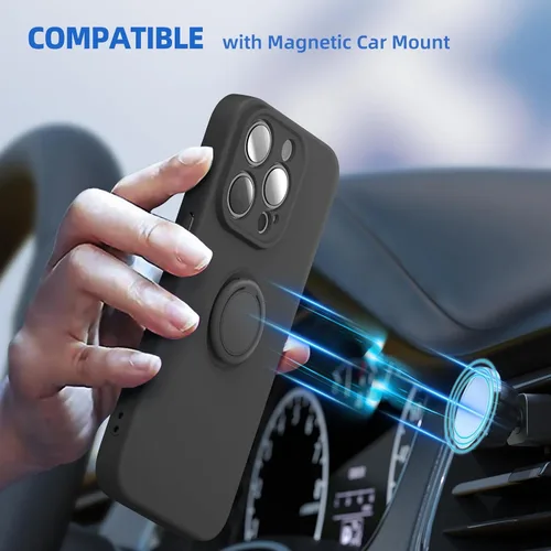 Vista 5 de pcgaga Funda de silicona para iPhone 15 Pro Max con protector de pantalla [soporte de anillo] [correa de muñeca] [forro de microfibra] funda Negro