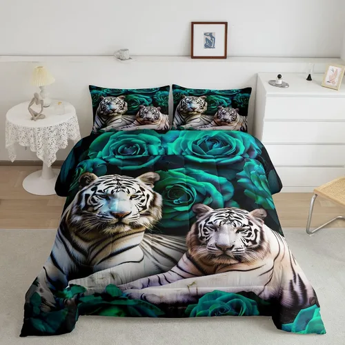 Vista 26 de Erosebridal Juego de ropa de cama de guepardo con rosa azul, juego de edredón con estampado de leopardo y gato, edredón romántico de plumón