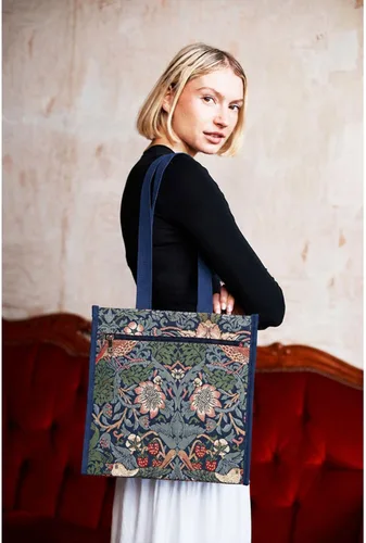 Vista 2 de Signare Bolso de compras floral con patrón de flores de jardín, azul, (Strawberry Thief Blue)