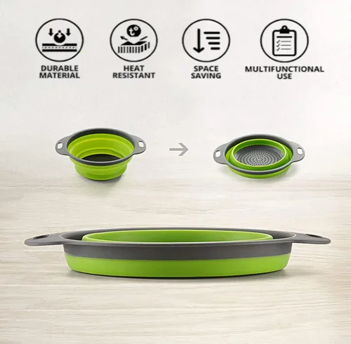 Vista 3 de Juego de coladores plegables, filtro de cocina de silicona de grado alimenticio, colador de cocina con asas extensibles para drenar pasta, verduras