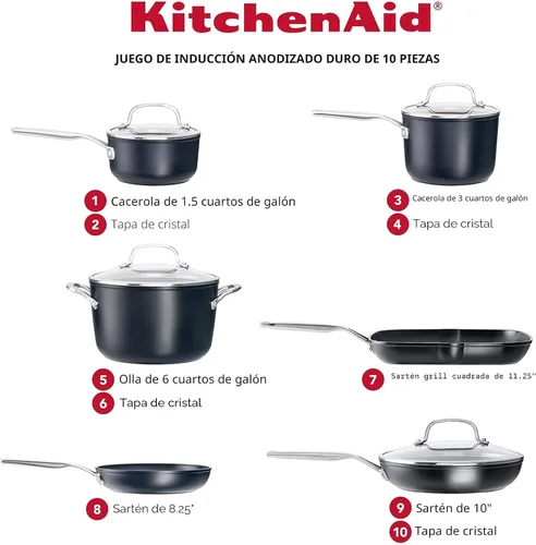 Vista 2 de KitchenAid - Juego de ollas y sartenes antiadherentes de inducción con anodizado duro, 10 piezas, color negro mate Juego de utensilios de cocina