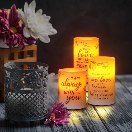 Vista 3 de Treela 3 velas conmemorativas, regalos conmemorativos, luces LED cardenales sin llama, regalos religiosos para la pérdida de un ser querido, velas