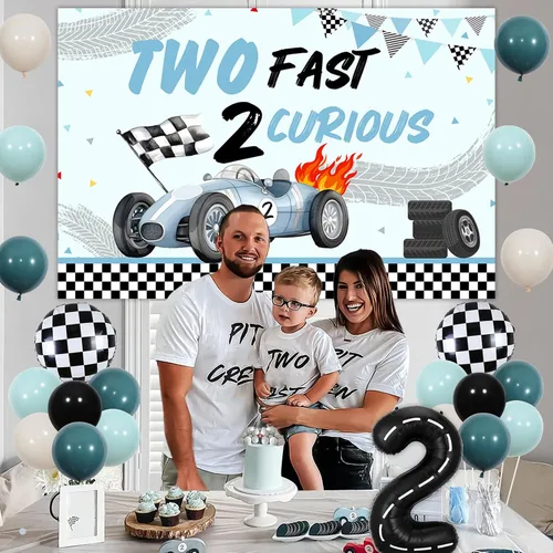 Vista 4 de Two Fast Two Curious - Decoraciones de cumpleaños para niño, decoración de segundo cumpleaños de coche de carreras, arco de globos azules y negros
