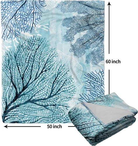 Vista 2 de Manta náutica costera, acuarela, verde azulado, azul, coral, manta de franela suave con temática oceánica, manta decorativa ligera para sofá