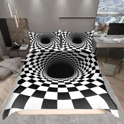 Vista 29 de Castle Fairy Funda de edredón de cuadrícula negra y blanca para niños, niñas, funda de edredón de abstracción visual, tamaño matrimonial, juego