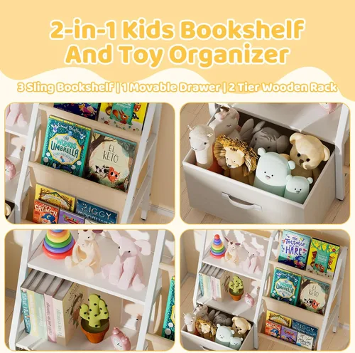 Vista 5 de Estantería infantil de 3 niveles y organizador de juguetes con cajón móvil, estantería Montessori organizador de juguetes, estantería para niños