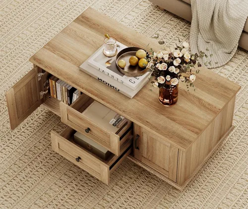Vista 4 de WAMPAT - Mesa de café de granja con gabinete de almacenamiento, mesas de café de madera para la sala de estar, mesa de té rústica rectangular
