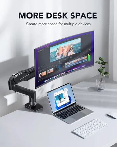 Vista 5 de HUANUO Soporte para monitor individual, brazo de monitor de 13 a 32 pulgadas, soporte de monitor ajustable, soporte Vesa con abrazadera y base