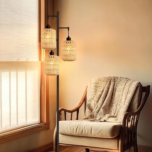 Vista 9 de QIYIZM - Lámpara de pie con diseño de árbol de 3 bombillas; alta, rústica, estilo rural, industrial y boho, pantalla de mimbre y bambú; para sala