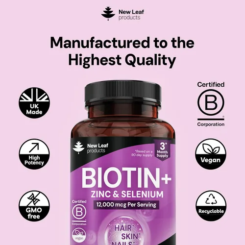 Vista 4 de Vitaminas Biotin para el cabello, la piel y las uñas, 12000 mcg de alta resistencia, promueve la salud del cabello, la piel y las uñas, vitaminas