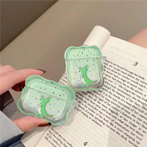 Vista 3 de Funda compatible con Airpods de dinosaurio, bonita funda con llavero para mujeres y niñas, funda protectora de dibujos animados Kawaii de silicona