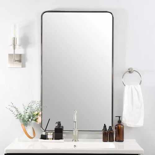 Vista 15 de Espejo de latón para baño, espejo rectangular redondeado de 22x30 pulgadas con marco de metal cepillado dorado, espejo de tocador de baño sin