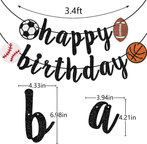 Vista 2 de Cartel deportivo de feliz cumpleaños, pancarta de cumpleaños con purpurina, fútbol, béisbol, fútbol, baloncesto (negro) Sports Birthday Party