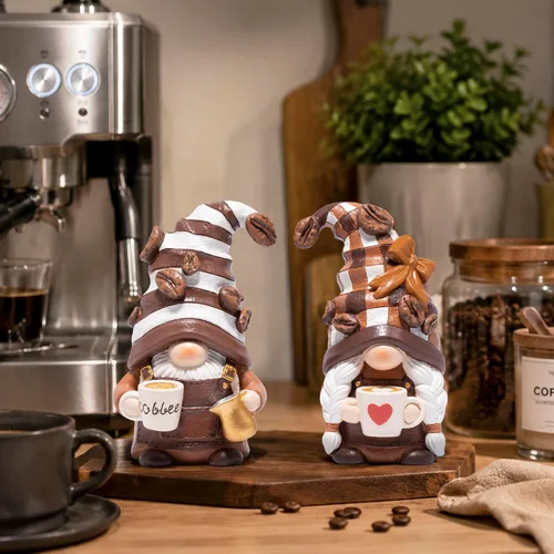 Vista 5 de Hodao Figuras de gnomo de café, chocolate y crema, juego de 2 Marrón