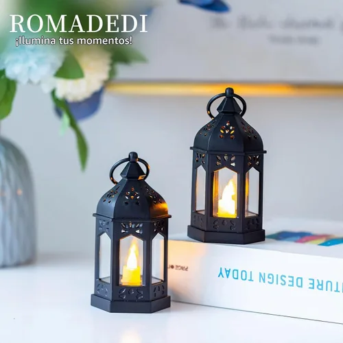 Vista 6 de Romadedi Mini Linternas Decorativas para Centro de Mesa: 10 piezas de linterna pequeña negra colgante a granel con velas LED parpadeantes para Negro