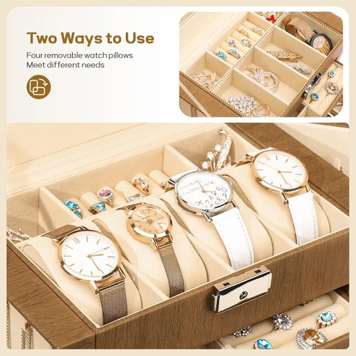 Vista 4 de Homde Caja de joyería enorme de cuero sintético, organizador de reloj con espejo, collar, anillo y aretes, caja de regalo con cerradura (marrón)