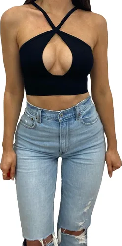 Vista 2 de Anova Top corto negro sexy con corte entrecruzado, agujero de cerradura debajo del pecho, cuello en V profundo profundo, top halter para salir