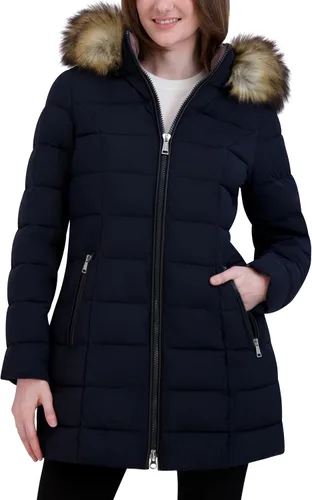 Vista 5 de Laundry by Shelli Segal Chaqueta acolchada elástica para mujer, abrigo largo de invierno con capucha de piel sintética
