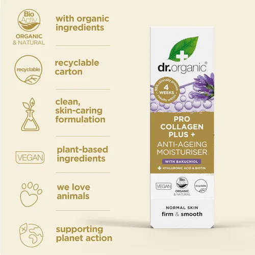 Vista 4 de Dr. Organic Pro Collagen Plus + Crema hidratante antienvejecimiento con Bakuchiol Piel firme y suave, reduce las arrugas, (piel normal) natural