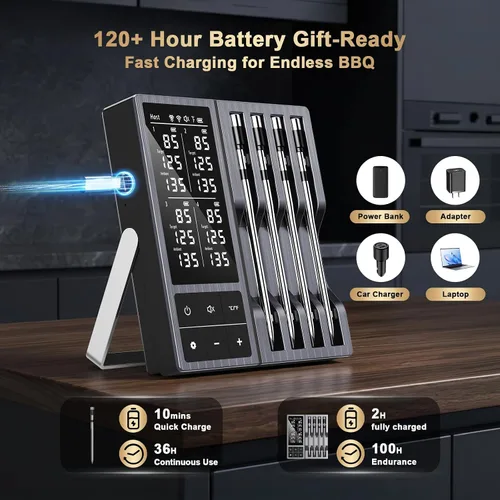 Vista 6 de Termómetro inalámbrico digital para carne, 4 sondas – Termómetro Bluetooth de cocina de alimentos de 800 pies, sensores duales con precisión