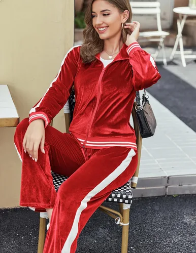 Vista 5 de Ekouaer Conjunto deportivo de terciopelo de terciopelo para mujer, 2 piezas, sudadera con cremallera y pantalones deportivos con bolsillos, tallas