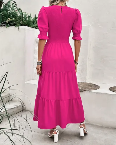 Vista 149 de BTFBM Vestidos para mujer, cuello redondo, casual, de verano, con volantes, manga corta, bohemio, con niveles, fruncido, largo, con estampado floral