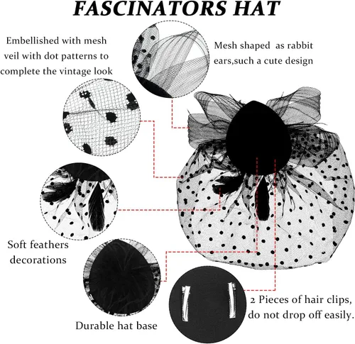 Vista 3 de Honoson Juego de 4 Sombreros Fascinadores para Mujer, Accesorio de Tocado para Fiesta de Té, Velo, Guante de Encaje, Juego de Perlas, Boda Negro