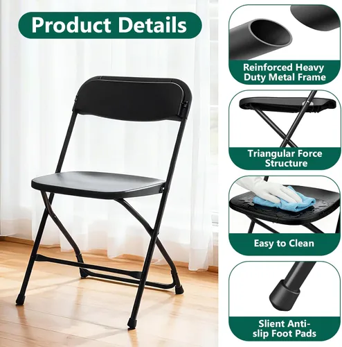Vista 5 de Paquete de 2 sillas plegables de plástico negro, sillas plegables portátiles para exteriores con marco de acero, capacidad de 350 libras, sillas