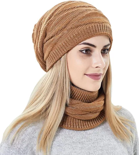 Vista 2 de Conjunto de gorro y bufanda para mujer para niñas, gorro de esquí de invierno de punto cálido con forro polar