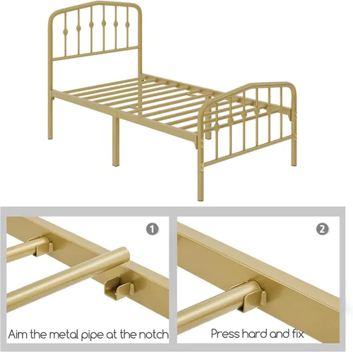 Vista 9 de Yaheetech - Marco de cama de metal individual, 2 piezas, cabecero victoriano, dorado antiguo Sturdy iron frame supports 800 lbs quietly; easy