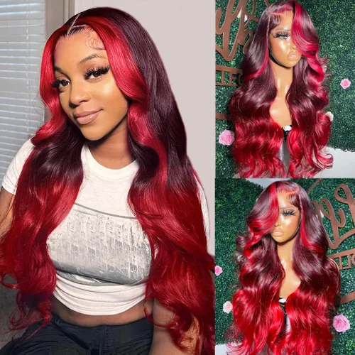 Vista 10 de YMS Pelucas de cabello humano con encaje frontal transparente color naranja degradado, pelucas de cabello humano negro y naranja, densidad del 180%