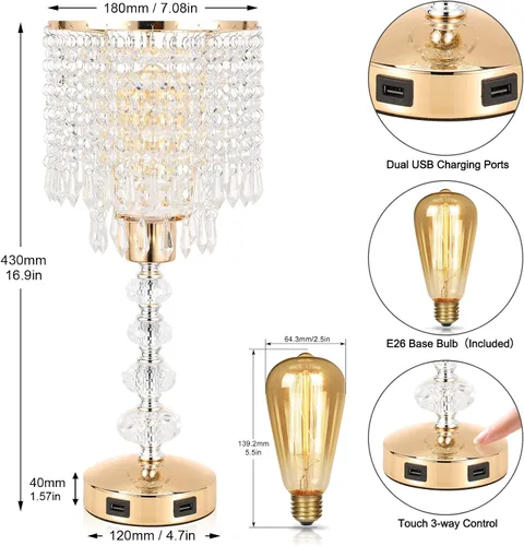 Vista 12 de Lámpara de mesa de cristal con control táctil, regulable de 3 vías, lámpara pequeña para mesita de noche con 2 puertos de carga USB, lámpara de mesa