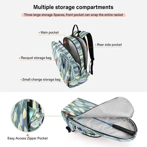 Vista 5 de Bolsa de tenis y bádminton resistente al agua flores verdes 3 raquetas bádminton bolsa para mujeres, hombres, adolescentes raquetas de tenis