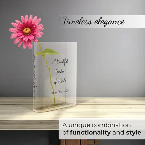 Vista 4 de Jarrón acrílico en forma de libro Skywin, jarrón único en forma de libro para flores, decoración del hogar, centros de mesa y regalos